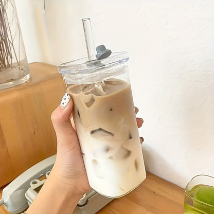 Square Glass Cups with Lids and Straws Set - 13oz BPA-Free Coffee Drinking Glasses for Home Office Outdoor