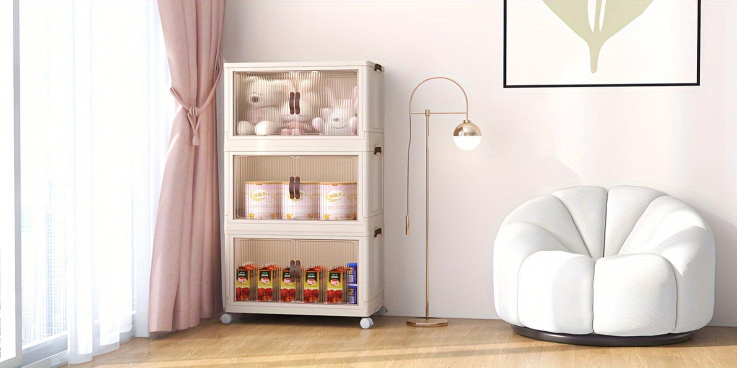 Storage Cabinet 49cm Foldable Rolling Organizer with Translucent Doors and Two to Five Layers