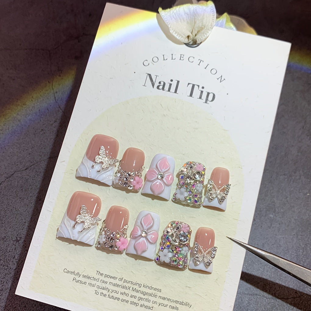Press On Nails 10-Piece Short Duckbill Set with White French Tips, Golden Butterfly and 3D Carved Flower