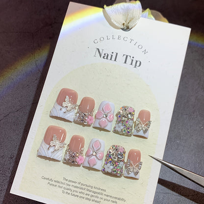 Press On Nails 10-Piece Short Duckbill Set with White French Tips, Golden Butterfly and 3D Carved Flower