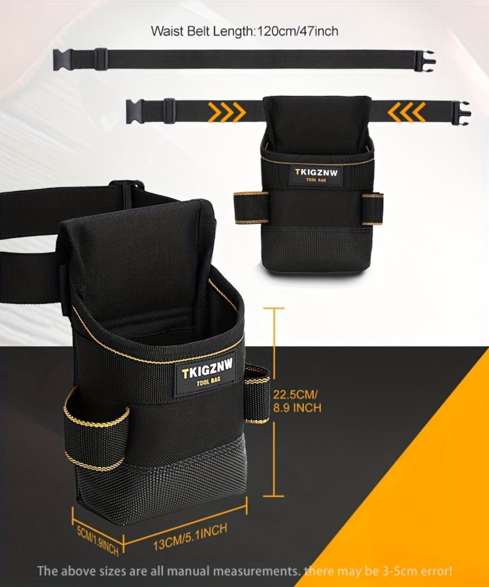 Black Tool Belt Pouch with Adjustable Waist Strap, Zipper Pocket and Multi-Compartment Layout
