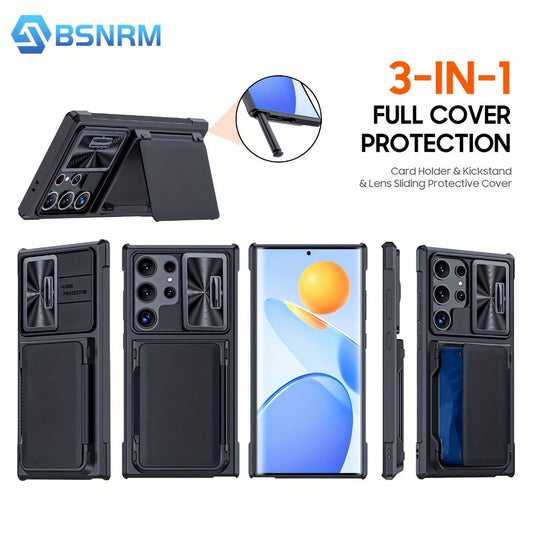 Phone Case Wallet with 4–5 Card Holder, Multi-Angle Stand and Sliding Lens Cover for Galaxy S24 Ultra