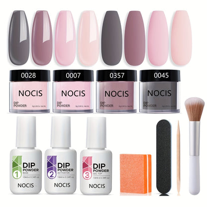 Dip Powder Nail Kit with NOCIS Label, Four Nude Gray Pink Powders, Three 10ml Liquids and Four Tools