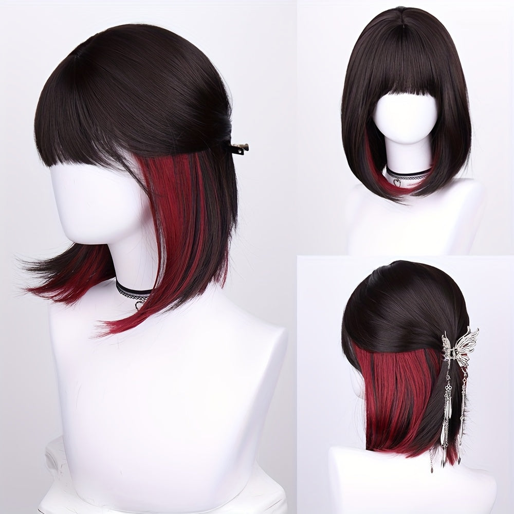 Synthetic Wig 16-Inch Straight Ombre Bob with Bangs, 150% Density and Rose Net Cap for Festivals