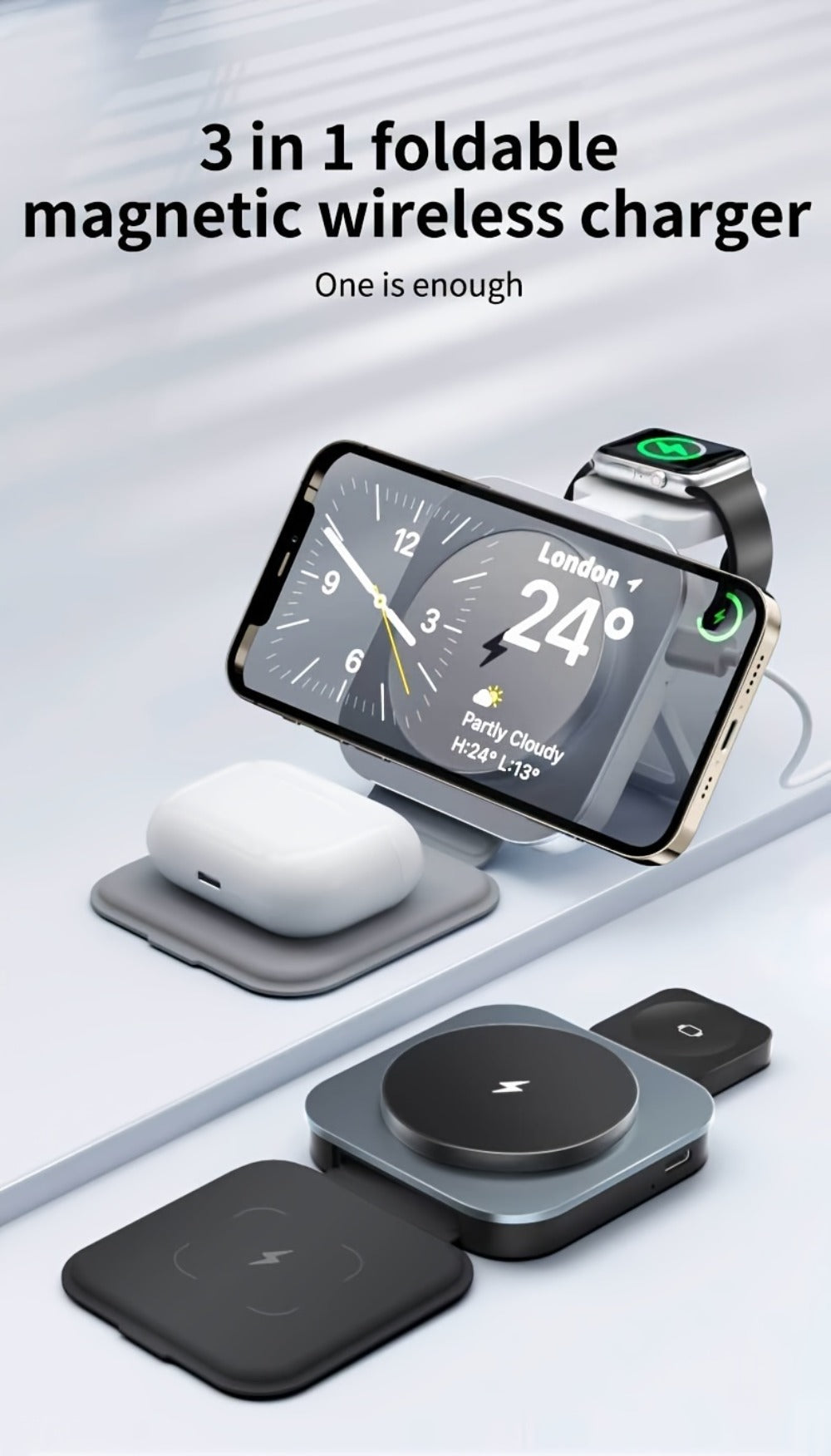 Wireless Charging Station, T11 Foldable 3-in-1 15W Travel Pad in Black for iPhone, Apple Watch and AirPods