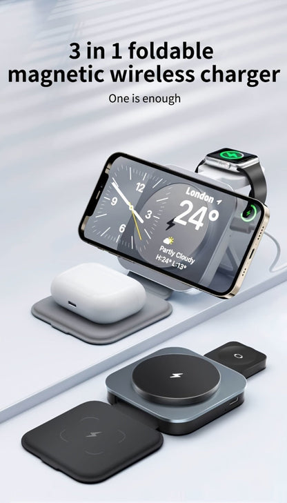 Wireless Charging Station, T11 Foldable 3-in-1 15W Travel Pad in Black for iPhone, Apple Watch and AirPods