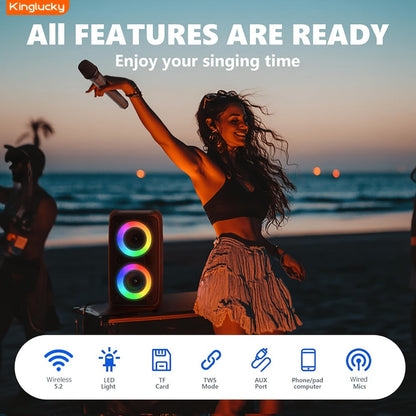 Karaoke Party Speaker with Disco Lights & Microphone Kinglucky, Portable Bluetooth Subwoofer Speaker for Outdoor Events Family Singing, TWS Stereo Pairing, TF/AUX/USB, Wireless Speaker for Parties Backyard Celebrations