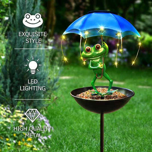 Solar Garden Decor Frog with Umbrella LED Light – Iron Frog Outdoor Statue with Solar Powered LED | Bird Feeder Garden Ornament for Patio, Lawn, Pathway & Deck | Unique Valentine Gift Yard Decoration