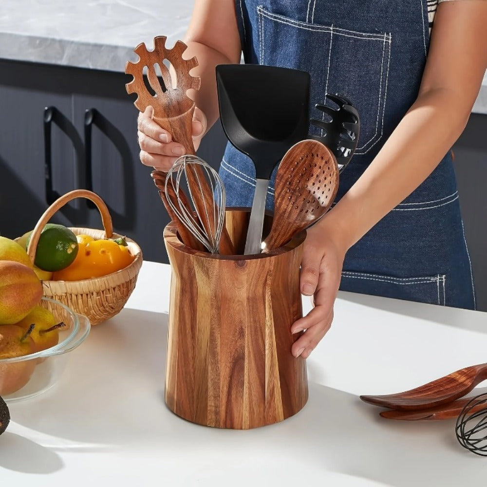 Utensil Holder & Chopstick Organizer - Wall-Mounted Wood Cutlery Storage, No Screws or Adhesive