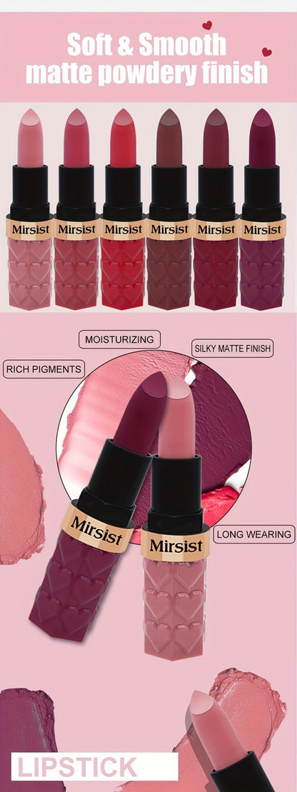 Lipstick Set, Mirsist 6-Piece Silky Matte Bullet Collection in Nude, Red, Brown, Berry and Plum Colors