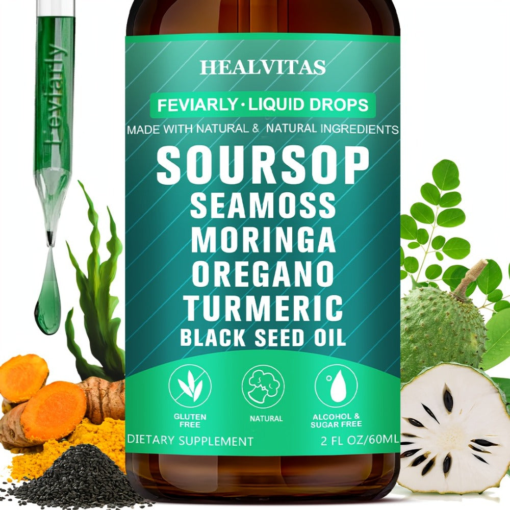 Soursop Bitters Liquid Drops 10-in-1 with Sea Moss Moringa Turmeric Black Seed Oil Oregano for Bath Time, Home Spa and Personal Care