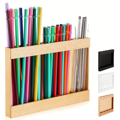 9.8 Inch Acacia Wood Straw Holder for Cabinet Doors, Counters and Reusable Straw Organization