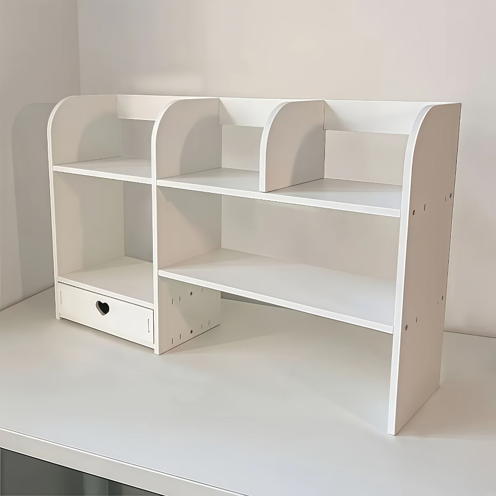 White Two-Tier Desktop Organizer Shelf with Multiple Compartments, Heart Drawer and 50 cm Wide Top