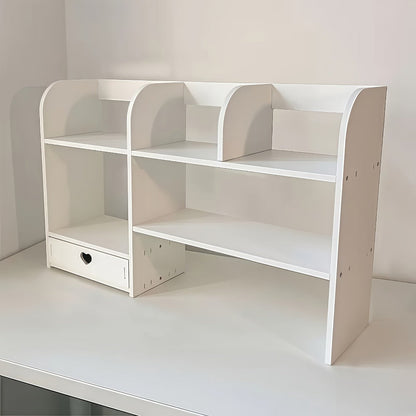 White Two-Tier Desktop Organizer Shelf with Multiple Compartments, Heart Drawer and 50 cm Wide Top