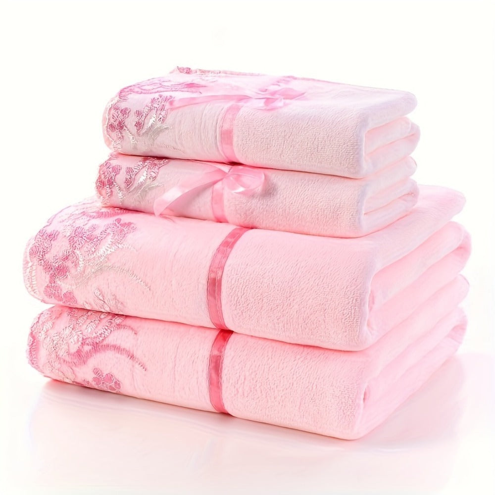 Towel Set 4-Piece 350GSM Lace Embroidery Bath and Hand Towels in Four Elegant Colors for Home and Guest Use