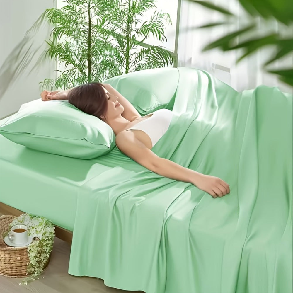Bed Sheet Set 4-Piece Bamboo-Derived Cooling Fabric with Deep-Pocket Fitted Sheet and Four Bed Sizes