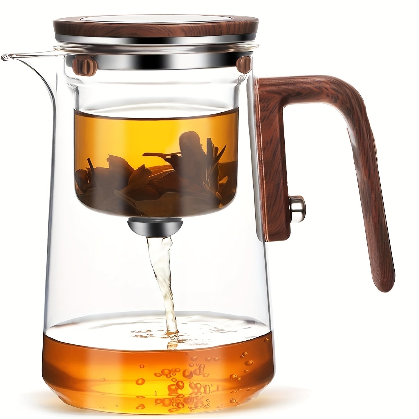 Twenty-Seven-Ounce Glass Teapot with Infuser, Wooden Handle and One-Button Tea Separation Design