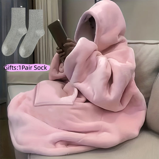 Wearable Hooded Blanket – Reversible Oversized Sherpa Throw with Kangaroo Pocket & Socks, Machine Washable, Christmas Gift, 4 Styles
