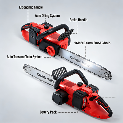 Cordless Brushless Chainsaw Kit with 12- or 16-Inch Guide Bar, Two Batteries, Charger and Cutting Accessories