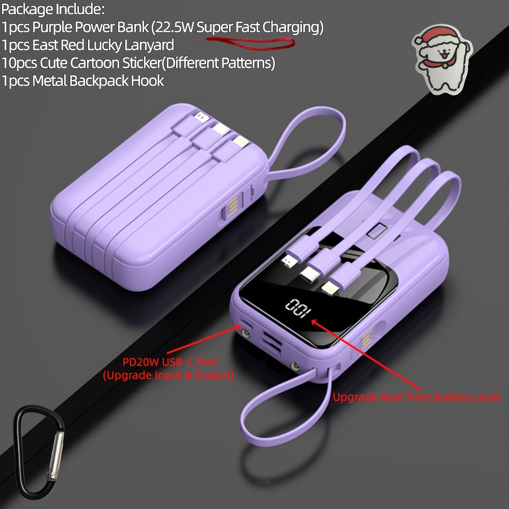 Power Bank 10000mAh Mini with Built-In Cable Set, 5W/15W/22.5W Options, Display and LED Light