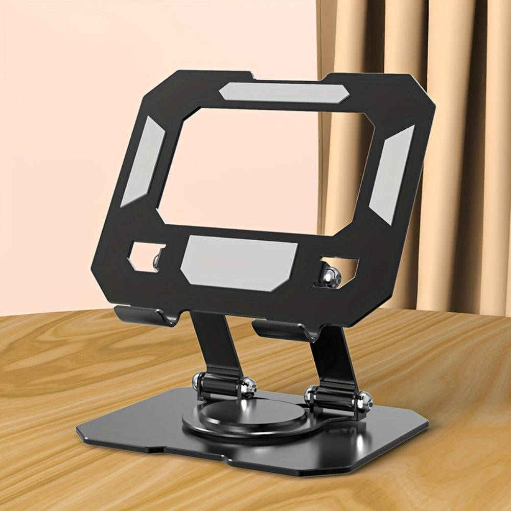 Black Rotating Metal Tablet Stand with Folding Desktop Base, 15 × 11.6 × 16 cm Label and Adjustable Viewing Angle
