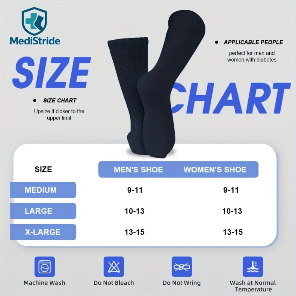 12-Pair Crew-Length Diabetic Sock Set in Six Colors with 9-11, 10-13 and 13-15 Size Options