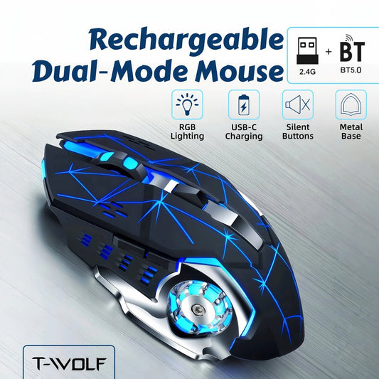 Bluetooth 5.0 2.4G Dual Mode Wireless RGB Gaming Mouse Silent 6 Button Ergonomic USB-C Rechargeable Breathing Light for PC Laptop Mac Tablet Office Gaming Tech Black Star Black White Gray