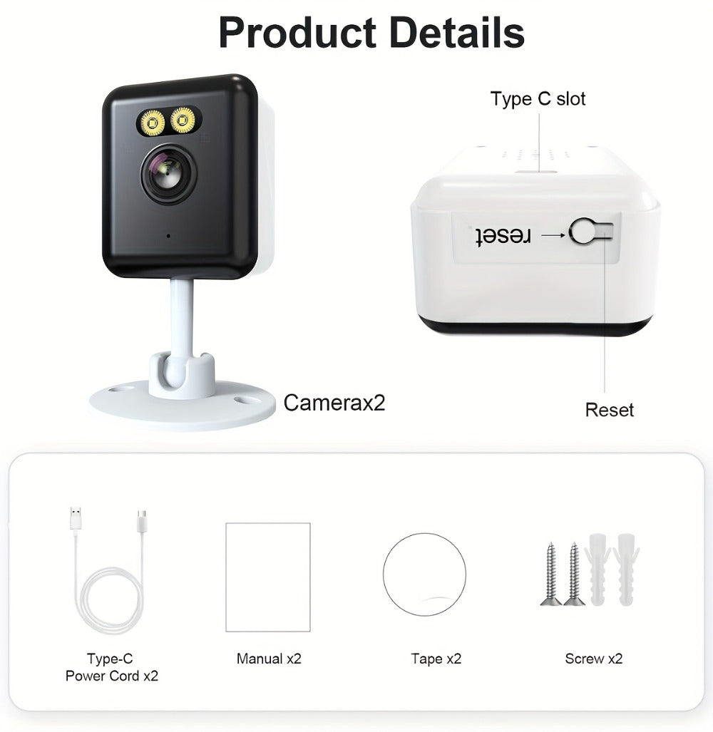 Indoor Security Camera 2-Pack with 3MP Video, Color Night Vision, Two-Way Audio and 2.4GHz WiFi