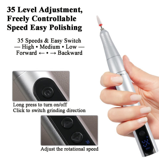 Electric Nail Drill 35000 RPM USB Rechargeable Pen with Digital Display and Three Color Options