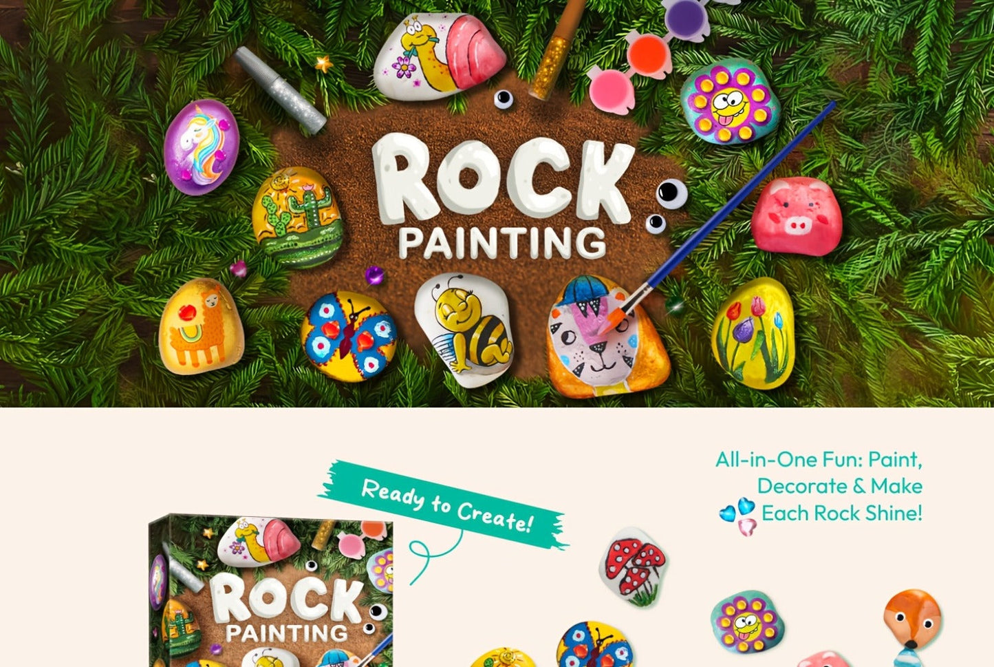 Rock Painting Craft Kit with 10 Stones, 16 Paint Colors, Brushes, Gems, Glitter and Stickers