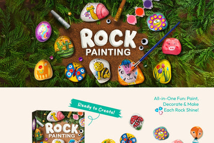 Rock Painting Craft Kit with 10 Stones, 16 Paint Colors, Brushes, Gems, Glitter and Stickers