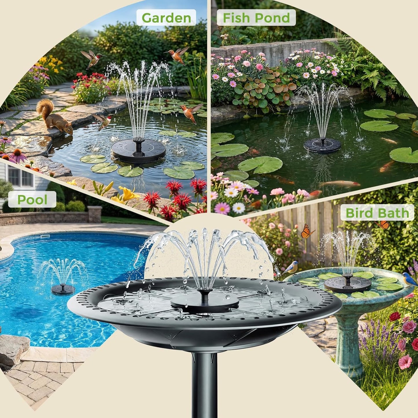 Black Floating Solar Fountain Pump with 16 cm Disc and Interchangeable Spray-Head Fittings