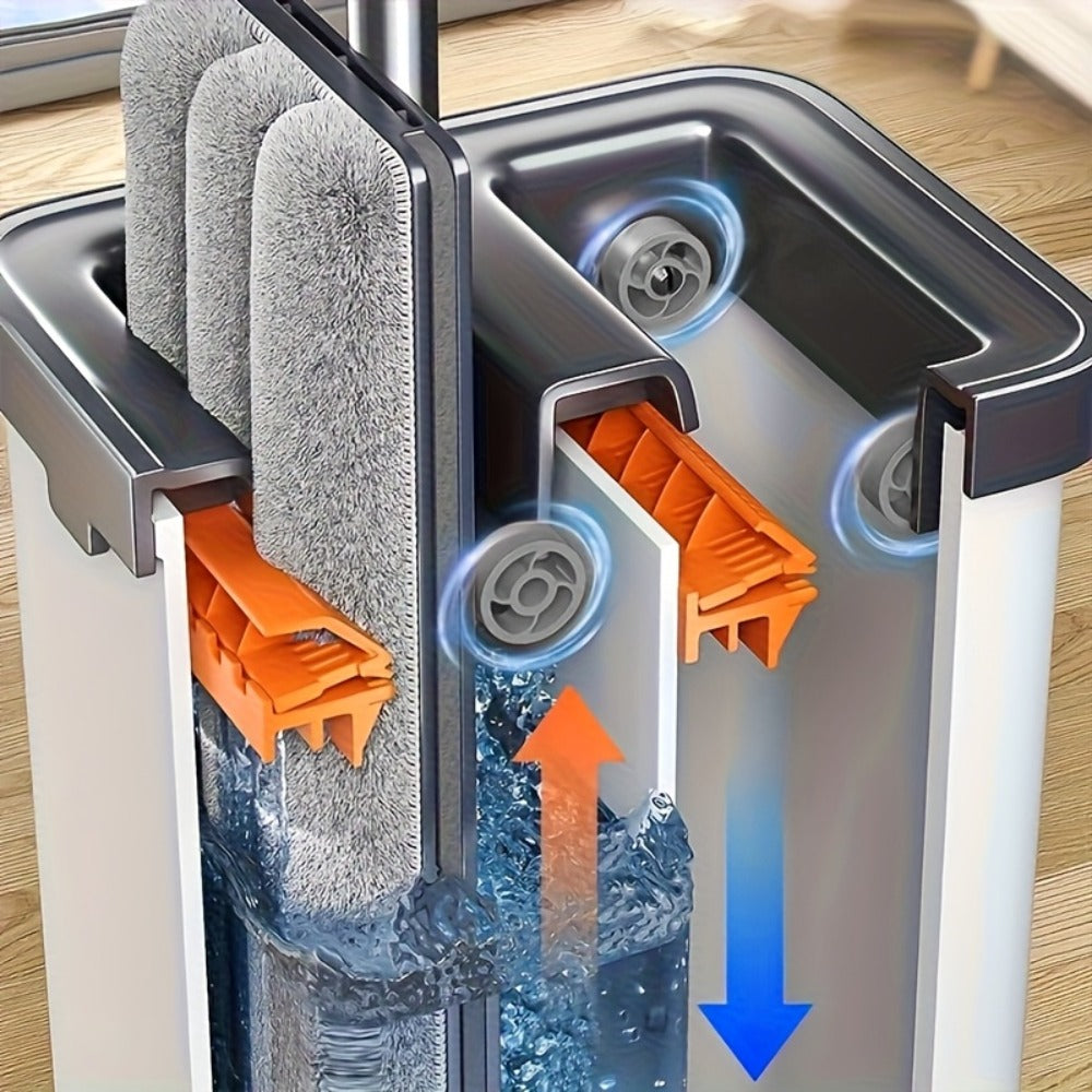 Flat Floor Mop and Double-Compartment Bucket Set with 40 cm Head, Stainless Steel Rod and Two Pads