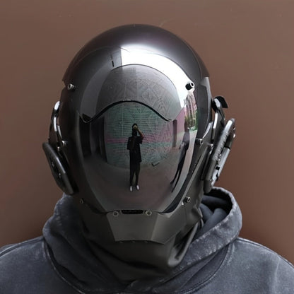 Black Reflective Cyberpunk Costume Mask with Full-Face Visor, Mechanical Side Details and Adjustable Rear Straps