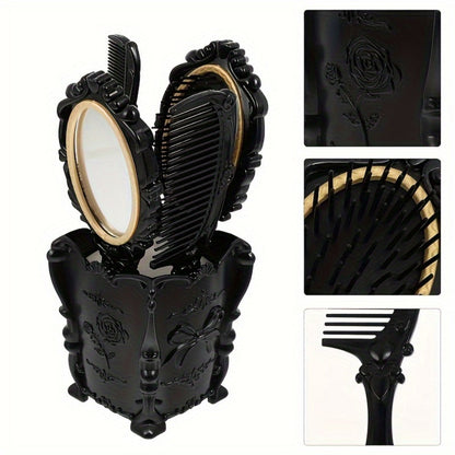 Retro Hair Comb Set with Mirror Scalp Massage Hairbrush Pocket Mirror Vintage Vanity Brush Set for Women Girls Travel Daily Grooming Makeup Gift Black
