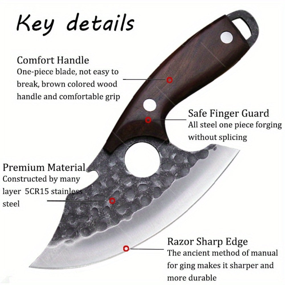 Viking Chef Knife Set 3/4pcs Hammered Stainless Steel Kitchen Knives – Boning, Utility & BBQ Knife with Wooden Handle for Cooking, Camping & Outdoor