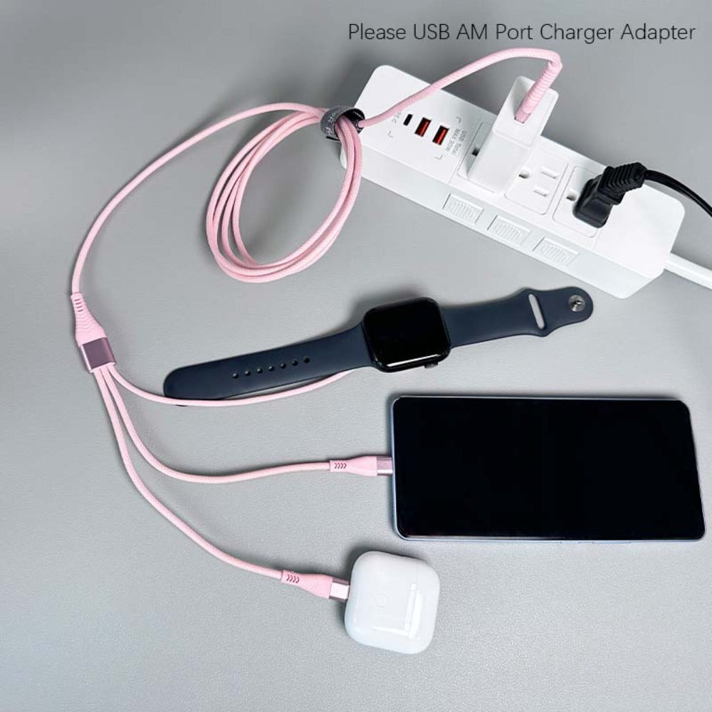 3 in 1 Charging Cable 6FT Nylon Braided USB-A to Lightning + Type-C + iWatch Magnetic Charger, Fast Charging for iPhone iPad AirPods Apple Watch Series 9 8 7 Ultra – Pink Multi Charging Cord