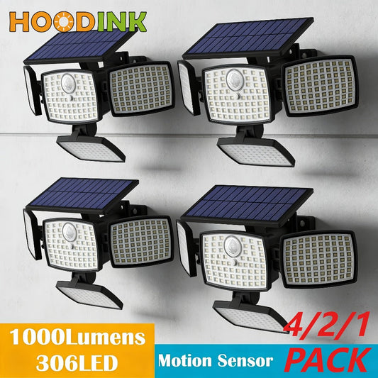 Solar Outdoor Motion Sensor Light 4-Head 3000LM – 270° Wide Angle, 3 Modes, IP65 Waterproof, Remote Control, Solar Flood Light for Garden Backyard Garage Wall Yard, 1/2/4 Pack