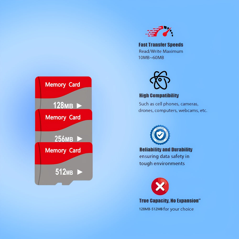 MicroSD Memory Card 10-Pack in 128MB, 256MB or 512MB Capacity Options with Two Full-Size SD Adapters