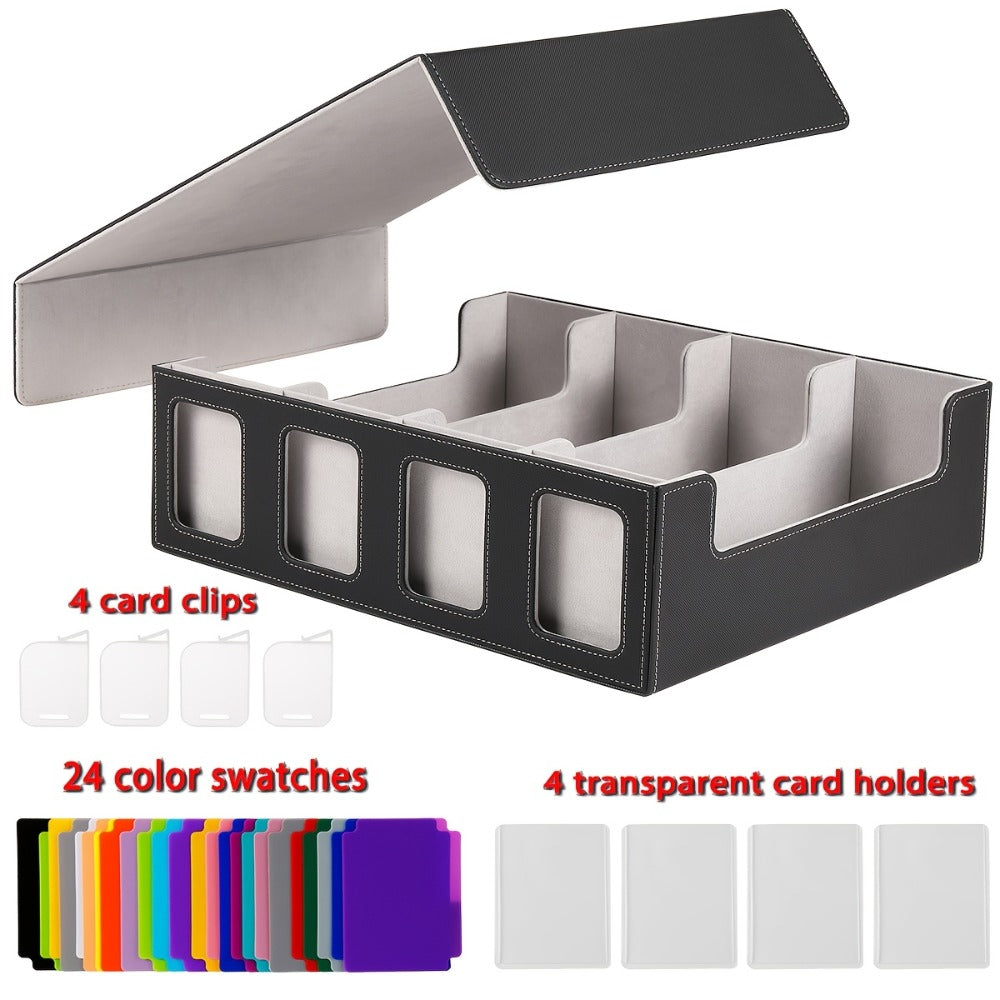 Four-Row Trading Card Storage Box with Display Windows, Four Colors and Pictured Divider Accessories