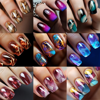 Press On Nails 216-Piece Medium Square Set with Marble, Stripe, Gradient and Flame Designs