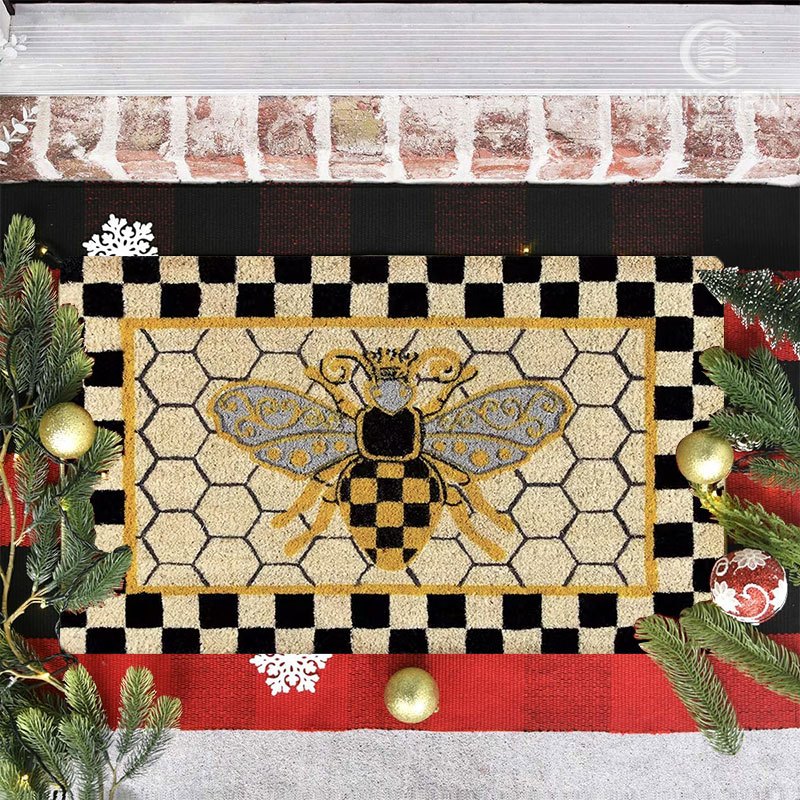 Bee Honeycomb Entryway Floor Mat with Black Check Border in Three Sizes from 15.74 x 23.62 to 17.71 x 47.24 Inches