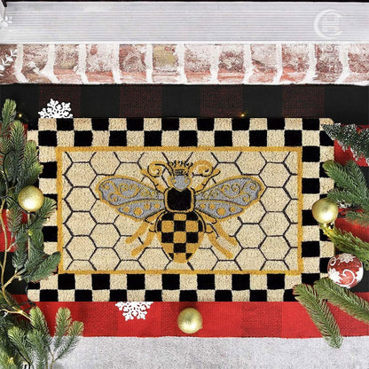 Bee Honeycomb Entryway Floor Mat with Black Check Border in Three Sizes from 15.74 x 23.62 to 17.71 x 47.24 Inches
