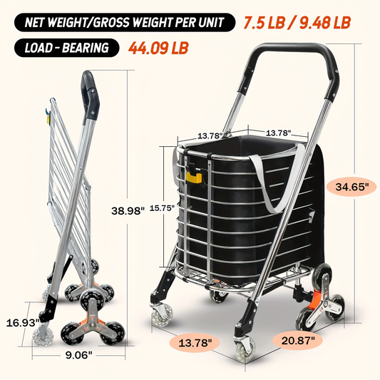 Stair Climbing Cart Collapsible Shopping Trolley with Swivel Wheels & Night Light, Portable Folding Utility Cart for Supermarket Camping Groceries Indoor Outdoor Use