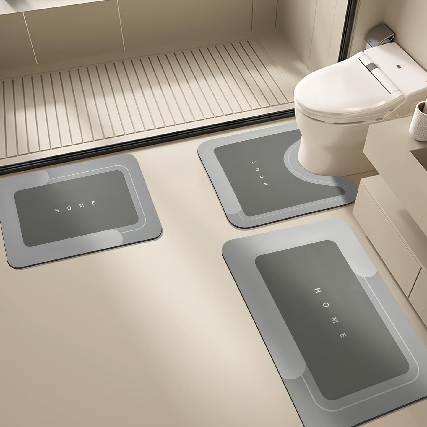 Three-Piece Polyester Bath Mat Set with Rectangular and Contour Rugs in Black Gray, Light Blue or Light Grey