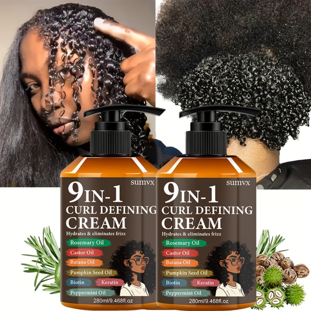 9-in-1 Curl Defining Cream by SUMVX in a Two-Pack of 280ml Pump Bottles with Seven Front-Label Ingredients
