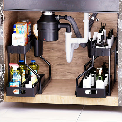 Under Sink Storage Organizer 2-Piece Sliding Shelf Set in Black or White for Kitchen and Bathroom