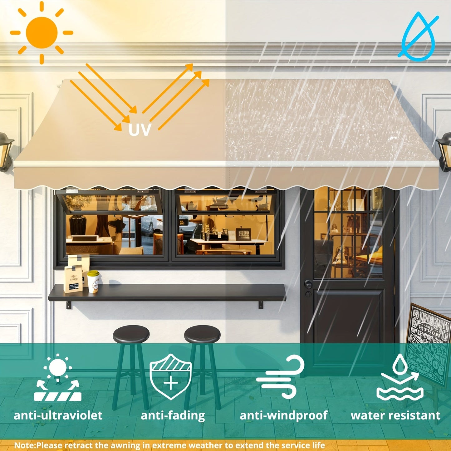 Retractable Awning Patio Manual Crank Aluminum UPF80+ Waterproof