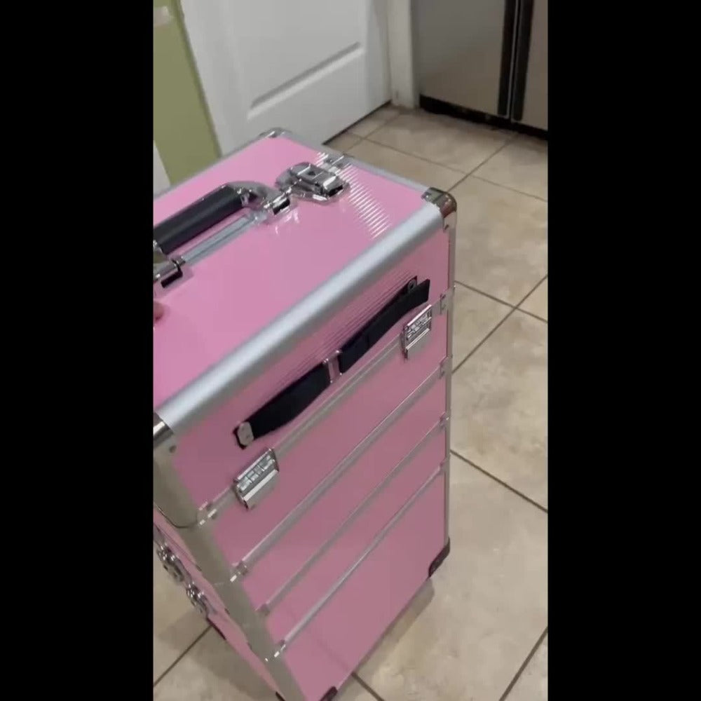 Four-in-One Rolling Makeup Case with Aluminum Frame, Swivel Wheels and Black, Pink or Silver Options