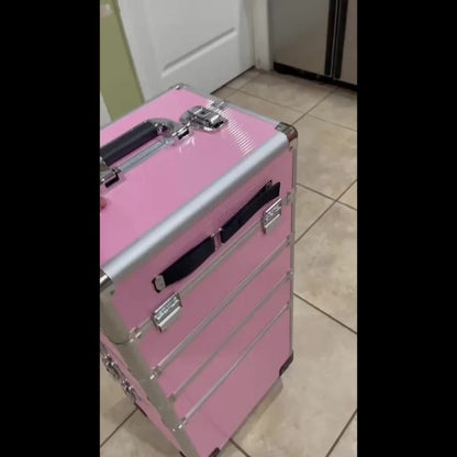 Four-in-One Rolling Makeup Case with Aluminum Frame, Swivel Wheels and Black, Pink or Silver Options
